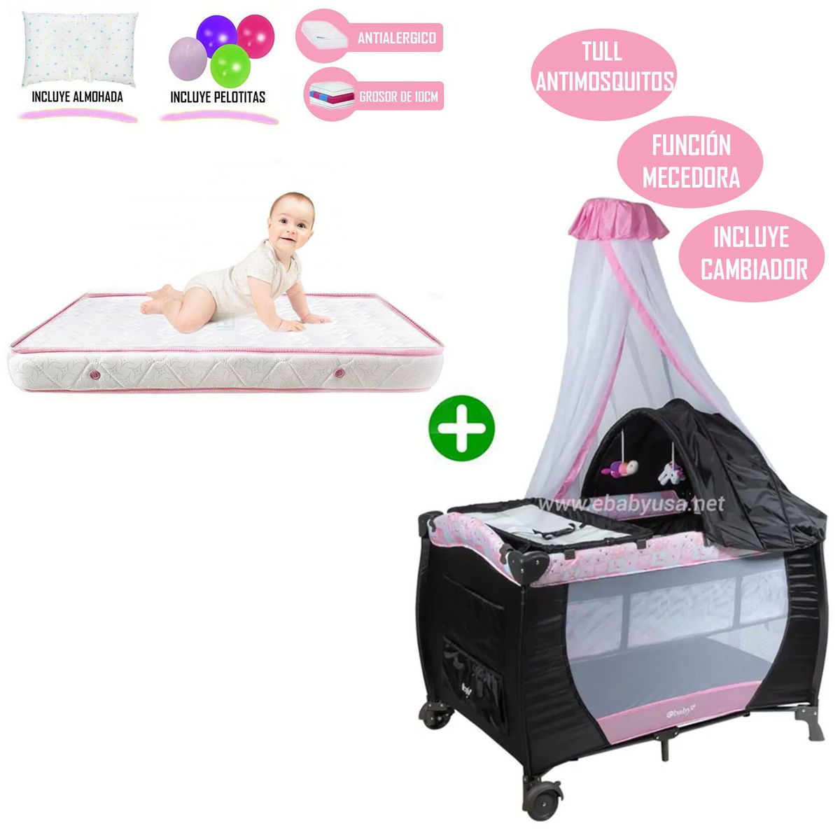 EBABY - Cuna Corral Mecedora Rosado 716 + Colchón Rosa