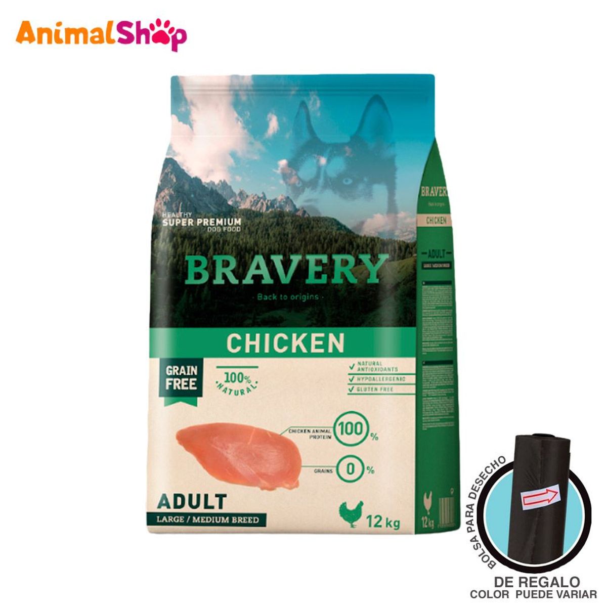 BRAVERY - Comida De Perro Adulto Bravery Raza Grande Pollo 12 Kg