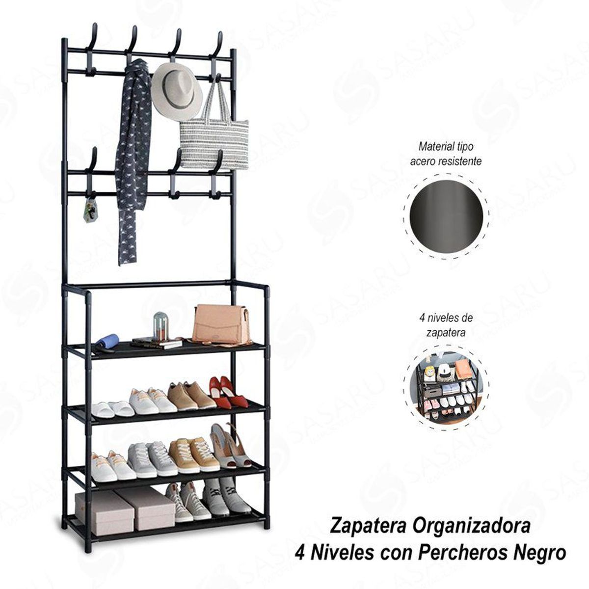 GENERICO - Zapatera organizadora 4 niveles con percheros BLANCO