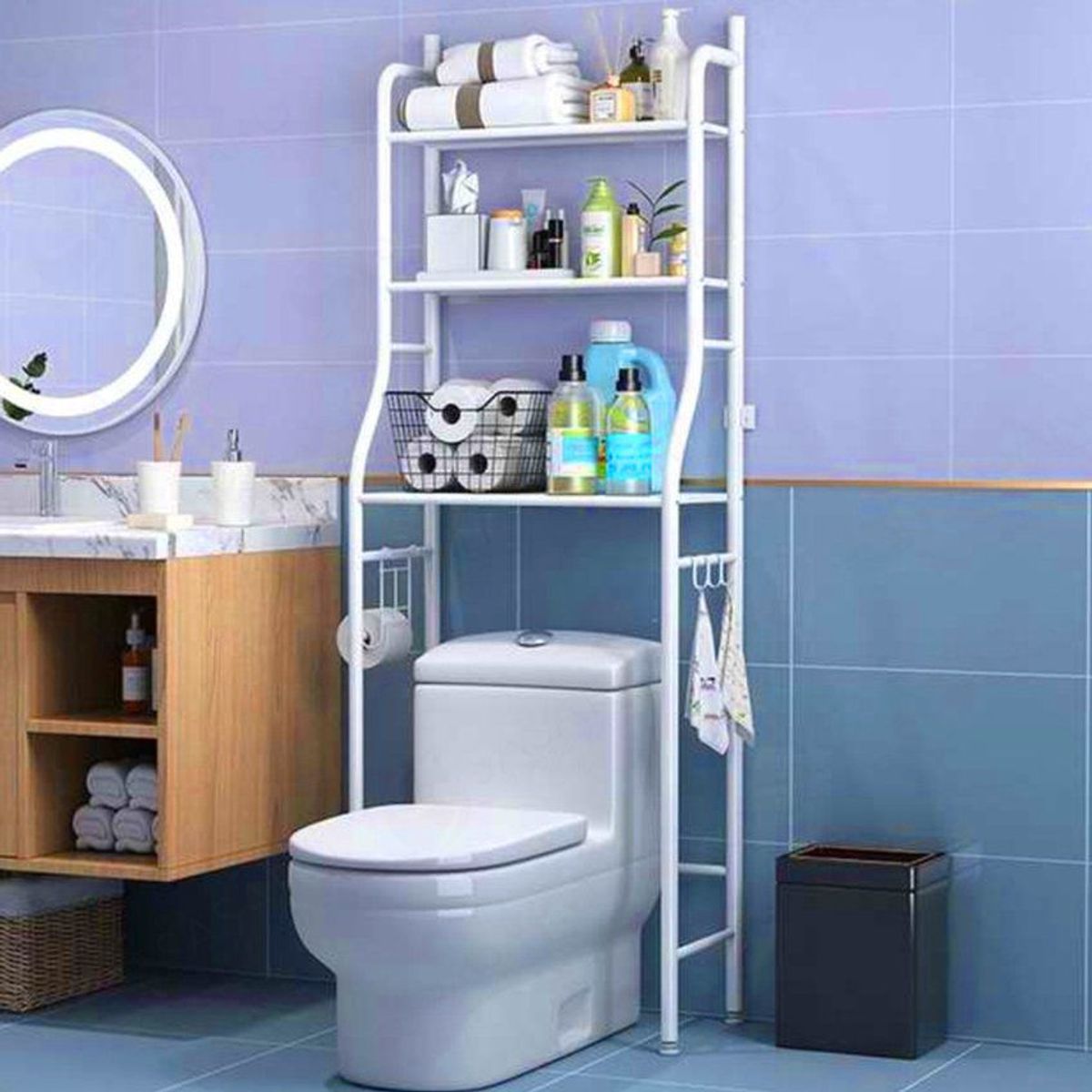 GENERICO - Estante de baño 3 niveles blanco+barra agarradera para ducha