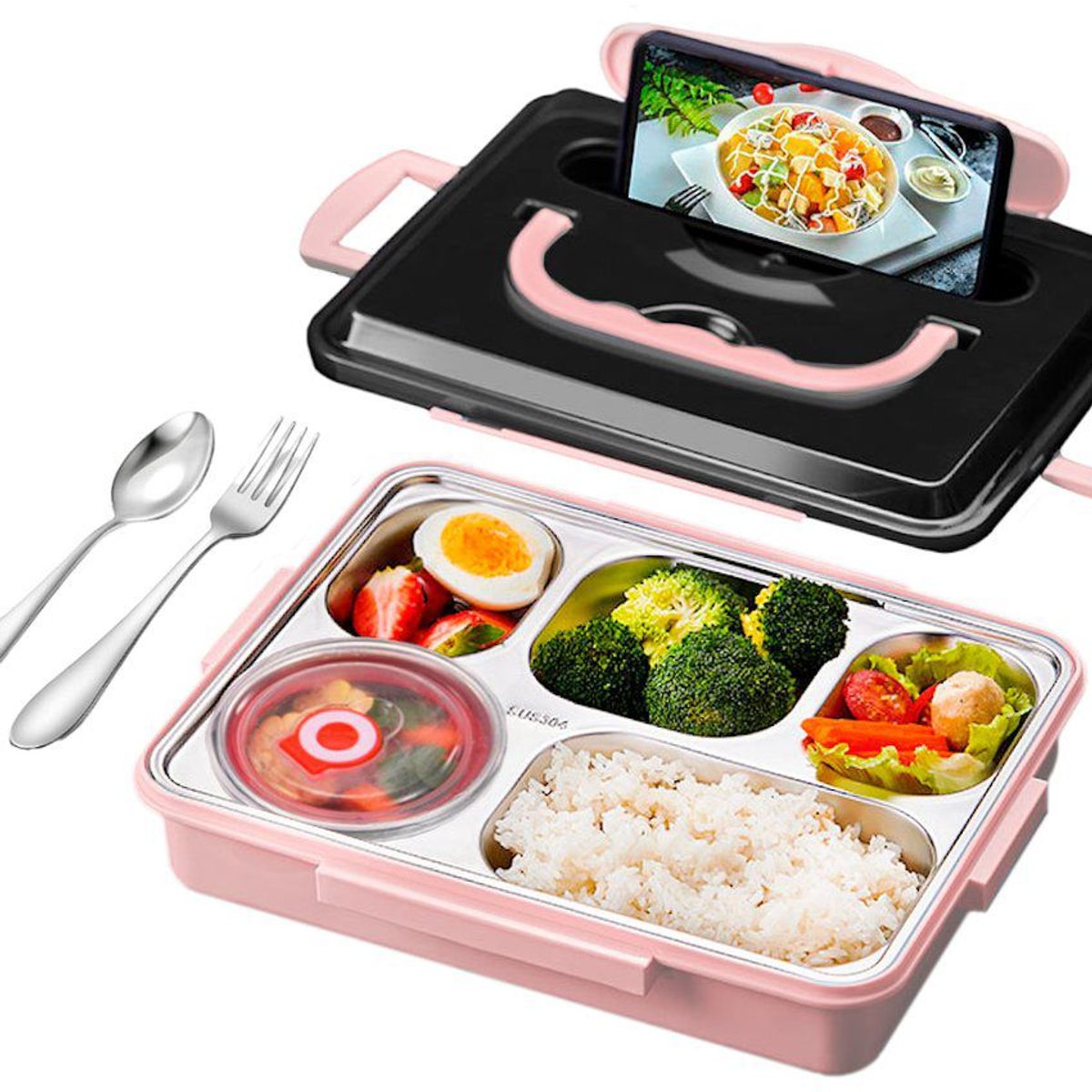 GENERICO - Lonchera táper de comida y alimentos 5 divisiones con asa+cubiertos rs