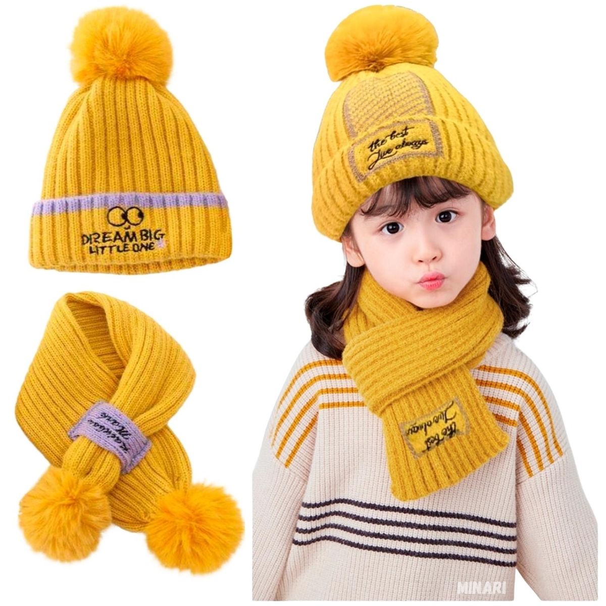 MINARI - Gorro y Bufanda con Pompón Accesorios para Bebés y Niños AM GB58