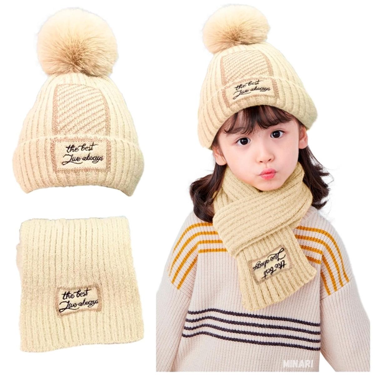 MINARI - Gorro y Bufanda con Pompón Accesorios para Bebés y Niños BG GB64