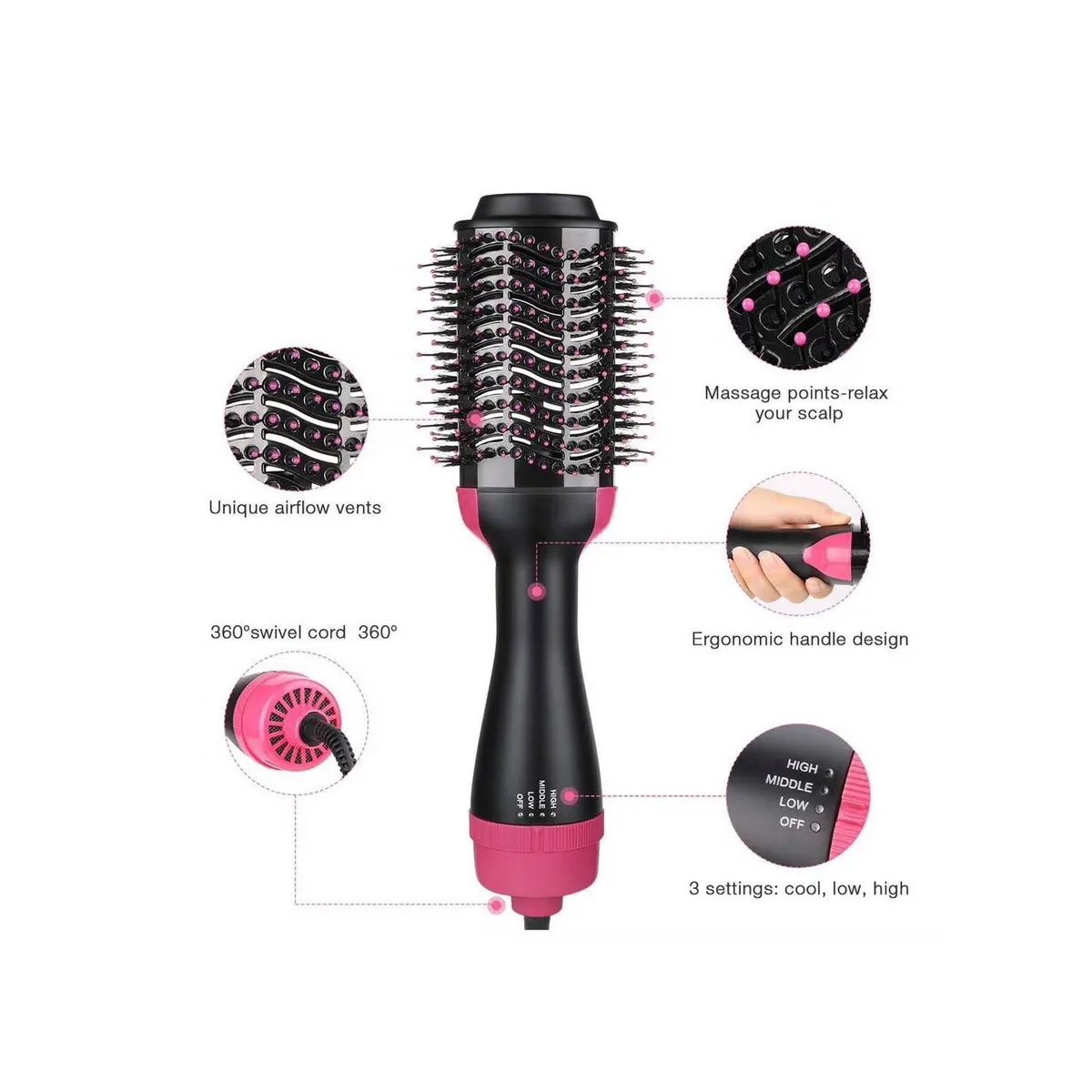 GENERICO - Cepillo Secador Alisador de Cabello 4 en 1