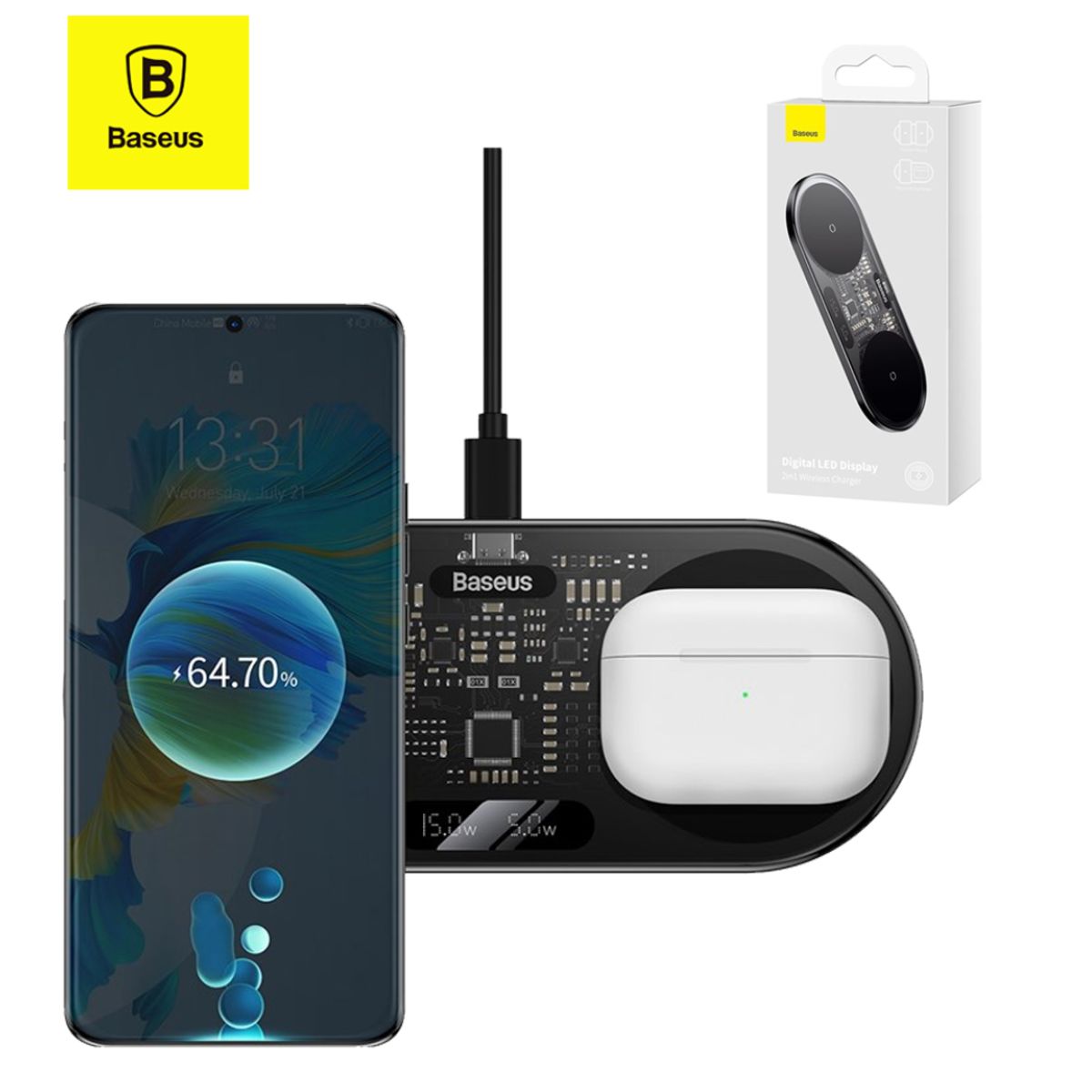 BASEUS - Base Cargador Inalámbrico Carga Rápida 20W Baseus 2 en 1