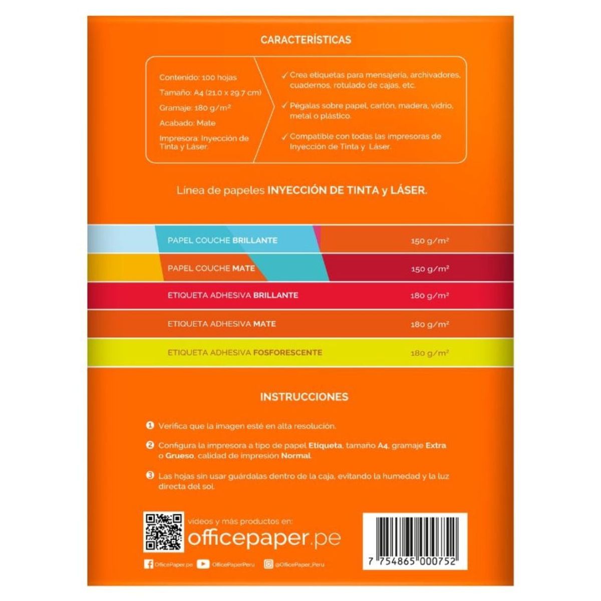 OFFICE PAPER - Etiqueta Office Paper Mate 180g por 100 Hojas A4