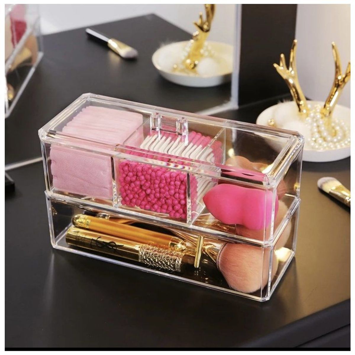 GENERICO - Organizador acrílico de maquillaje de dos niveles con tapa