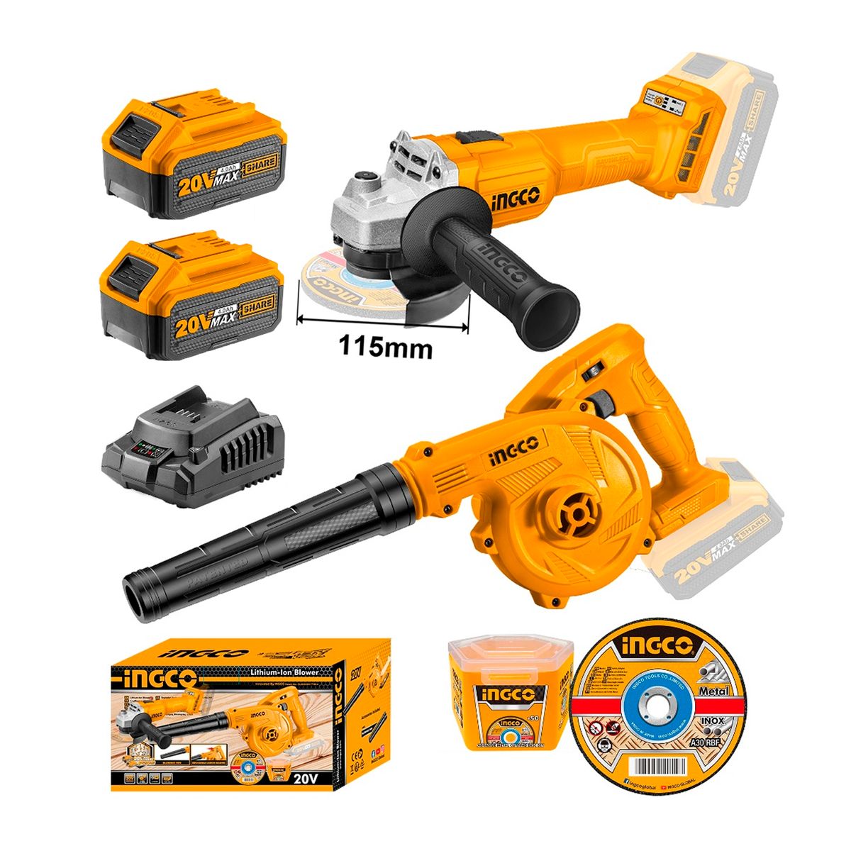 INGCO TOOLS - Amoladora 20v + Sopladora + 50 Discos x2 Baterías 4Ah Cosli2211315