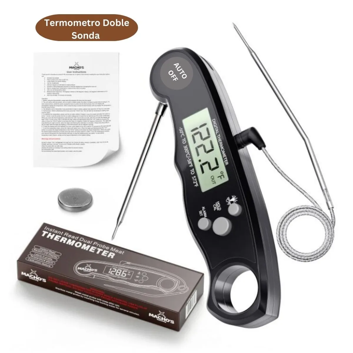 GENERICO - Termómetro de Cocina Digital doble Sonda de Extension - Negro