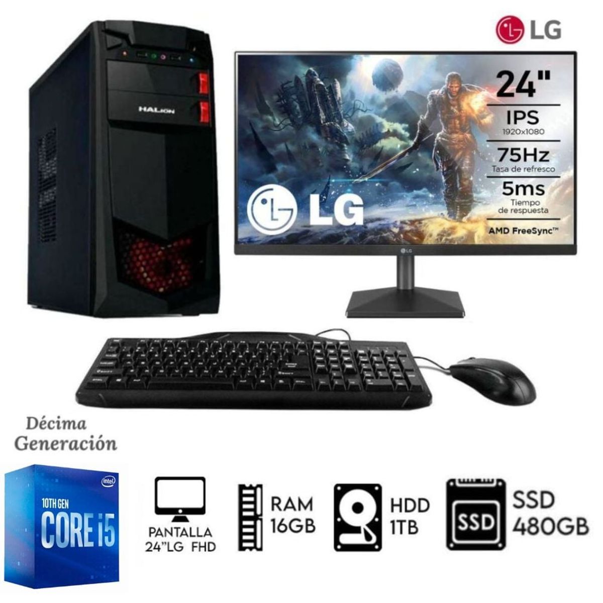 INTEL - Computadora Pc Intel Core i5-10TH Ram 16GB Disco 1TB+ SSD 480GB Monitor 24´´ FHD