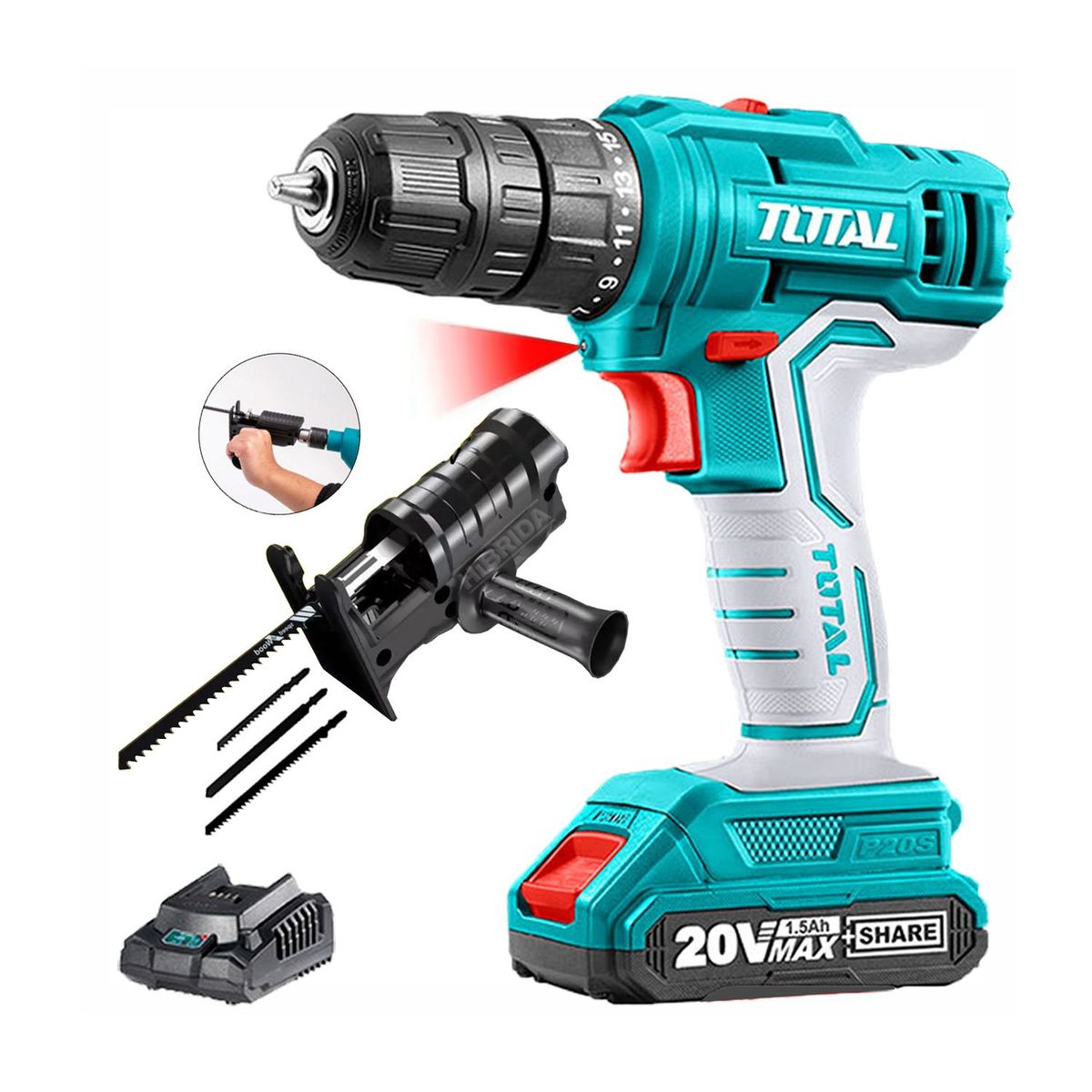 TOTAL TOOLS - COMBO TALADRO ATORNILLADOR 20V INALÁMBRICO 1BAT ADAPTADOR CALADORA