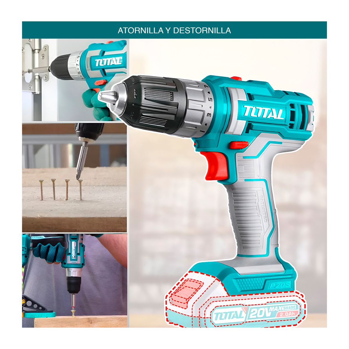 TOTAL TOOLS - COMBO TALADRO ATORNILLADOR INALÁMBRICO DE 38 ADAPTADOR CALADORA