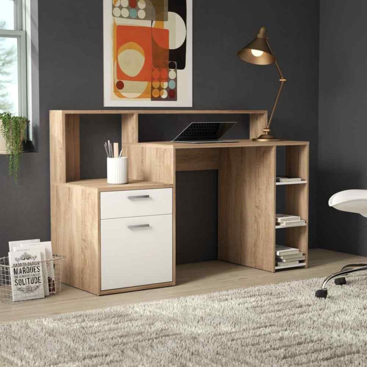 VENTITAS HOME - Escritorio Moderno Luca con Repisa Ventitas Home Color Duna y Blanco