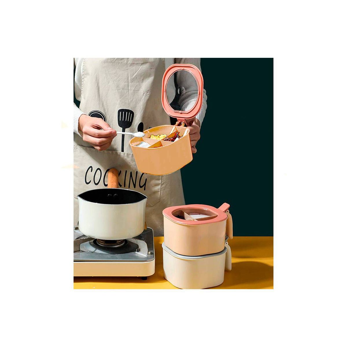 GENERICO - Caja Contenedor de Condimentos con 4 Compartimentos Cucharas Crema