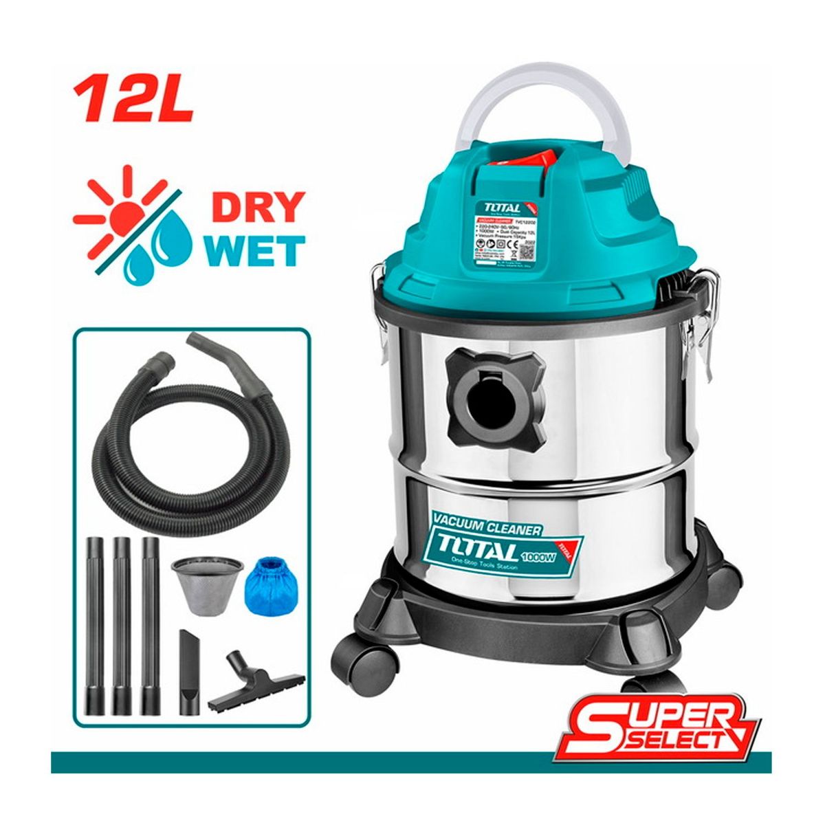 TOTAL TOOLS - ASPIRADORA 12L SUPER SELECT 1000W SECO HÚMEDO LIMPIEZA - TVC12202