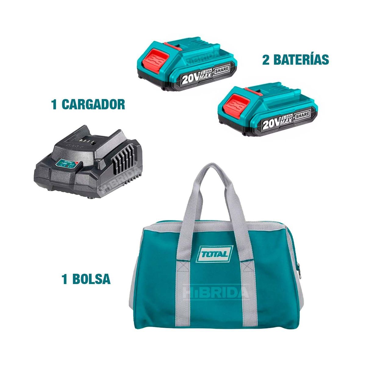 TOTAL TOOLS - ROTOMARTILLO + ATORNILLADOR 10MM + 2 BATERÍAS 20V 2.0AH - TCKLI2008