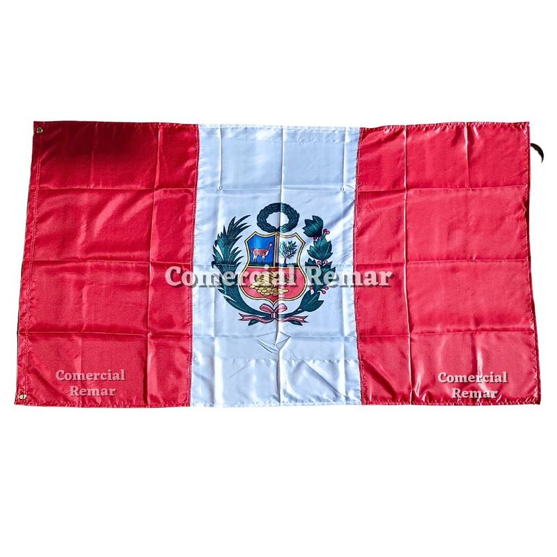 PERU - Bandera de Perú 210x120cm de Tela Raso Con Escudo y Ojales