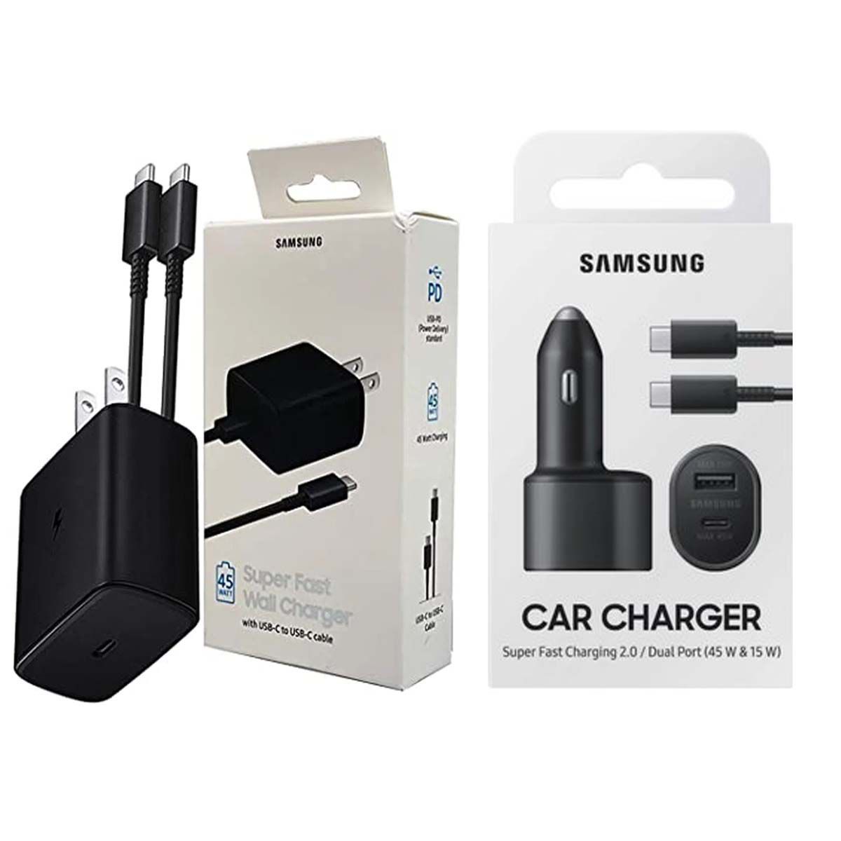 SAMSUNG - Cargador 45W + Cargador Auto 45W Samsung 2en1 Negro