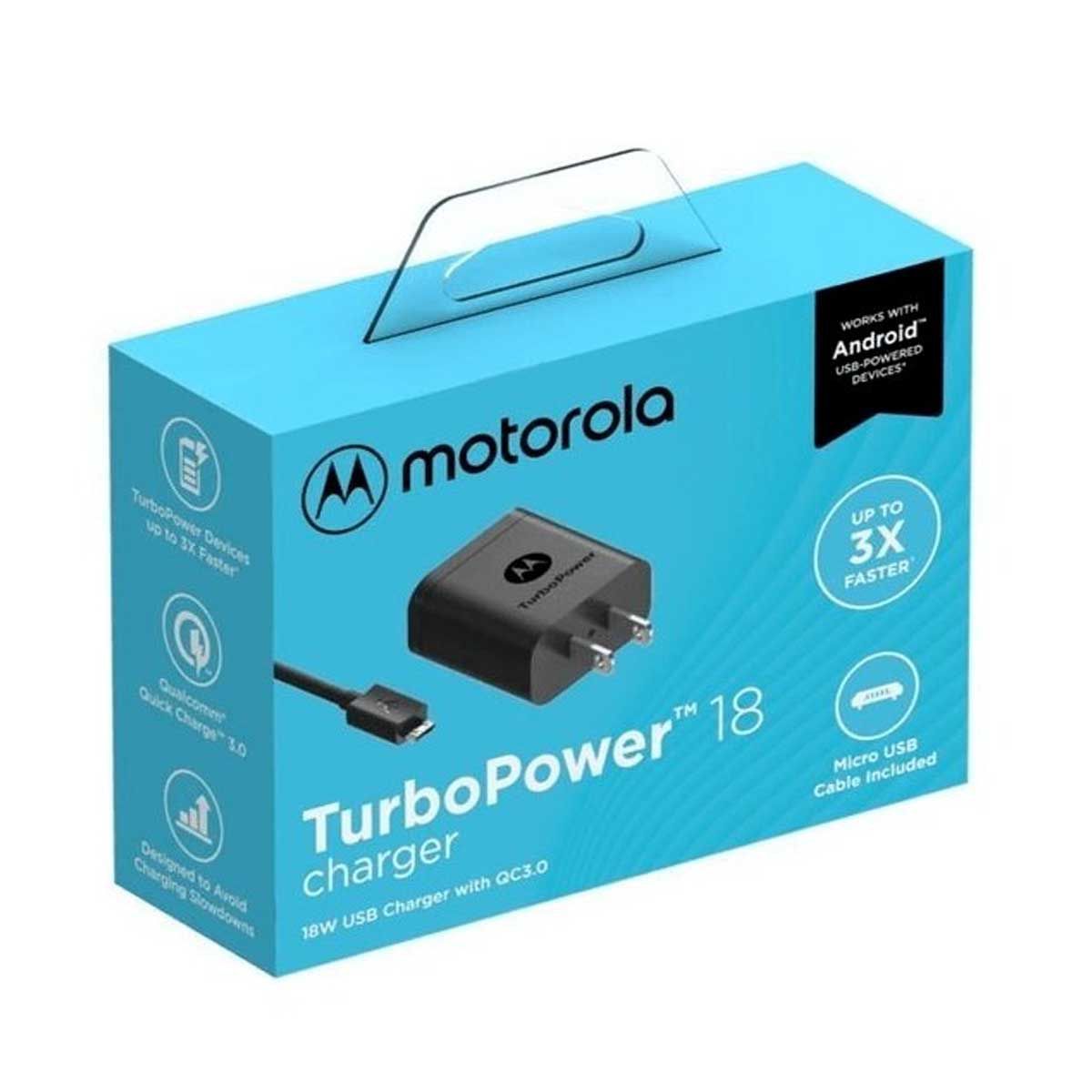 MOTOROLA - Cargador Motorola 18w Quad Core 3.0 Cable USB-V8 Negro