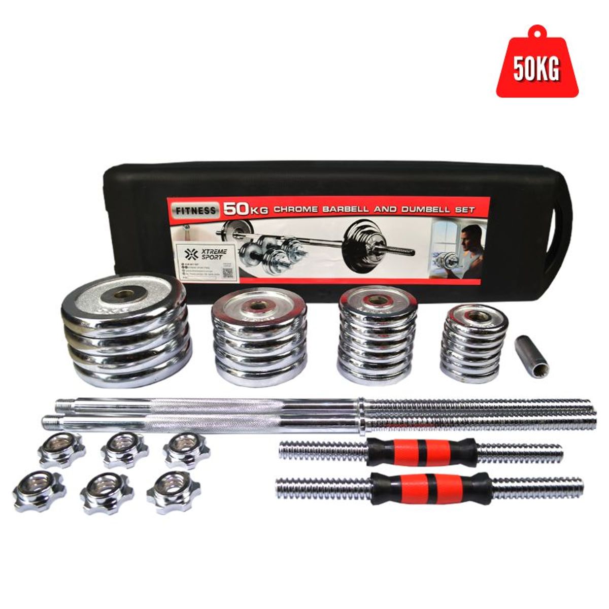 YORK - Mancuernas de 50 kg cromadas + Barra de 150cm Set Power