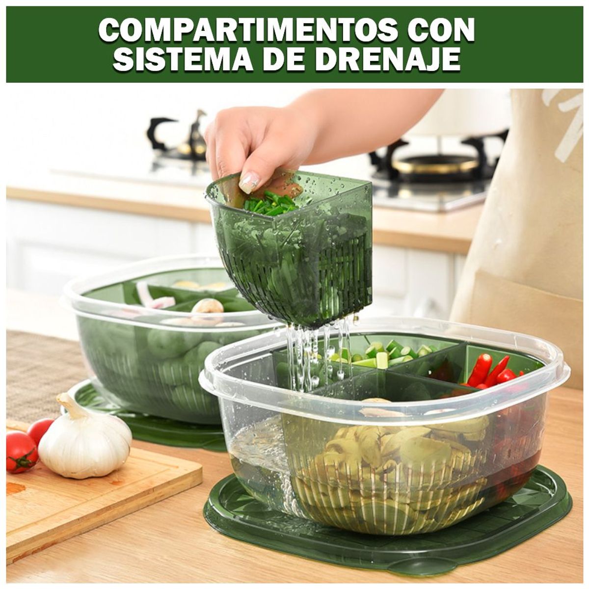 SASHIJA - Táper con 4 Divisiones Desarmable Recipiente Escurridor Cocina N06 VD