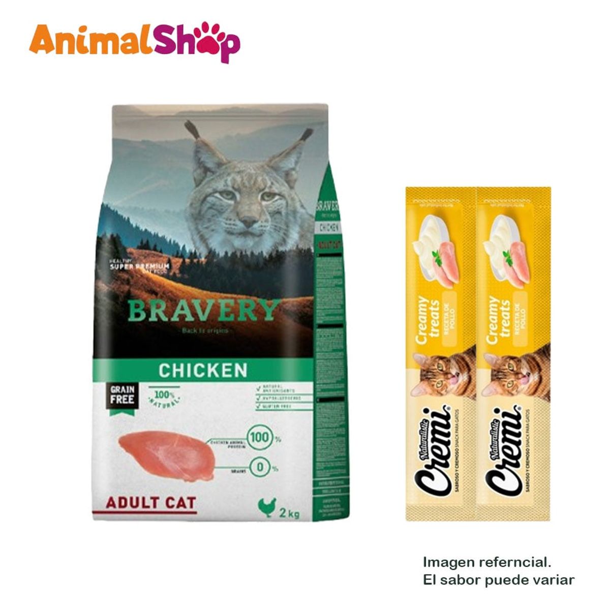 BRAVERY - Comida De Gato Adulto Bravery Pollo 2 Kg y 2 Cremi