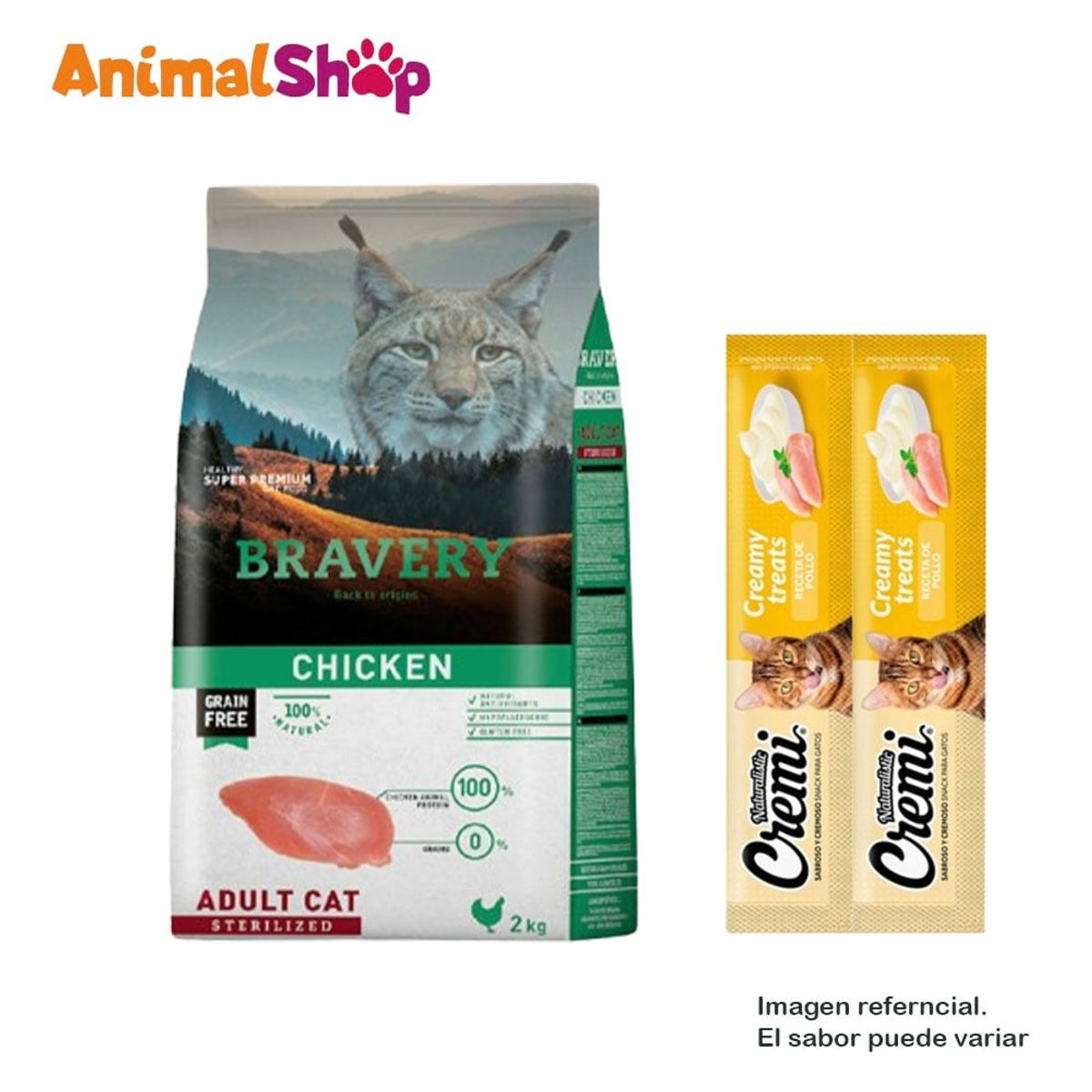 BRAVERY - Comida Gato Adulto Esterilizado Bravery Pollo 2 Kg y 2 Cremi