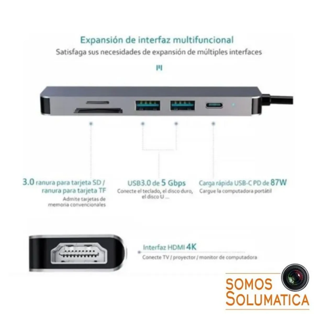 SEISA - Hub Tipo C 6en1 - Usb microSD y Hdmi - Para Macbook y Windows - Seisa