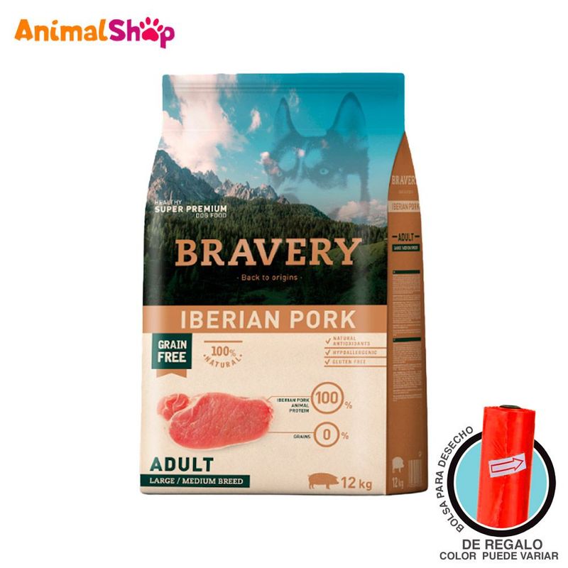 BRAVERY - Comida De Perro Adulto Bravery Raza Grande Cerdo 12 Kg