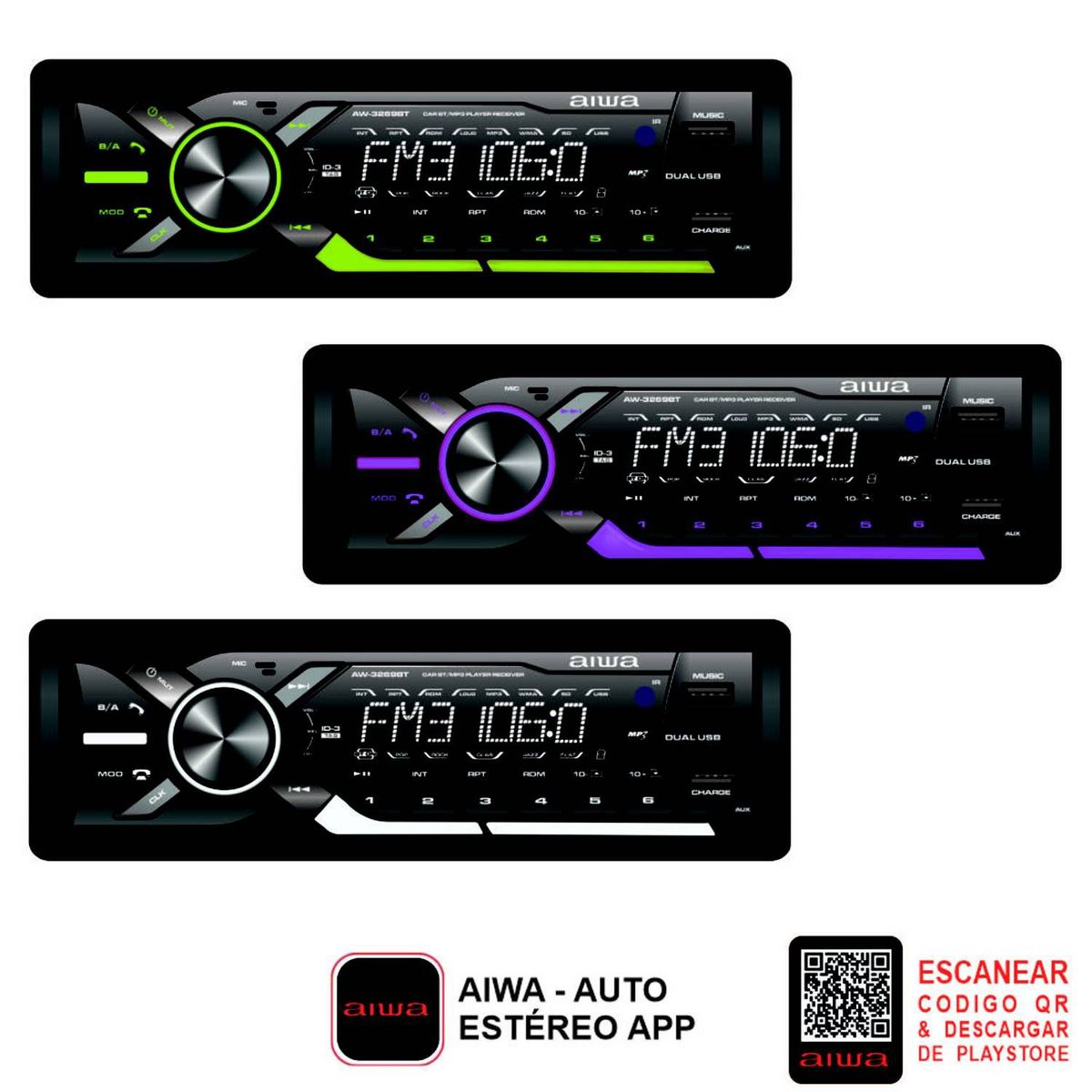 AIWA - Auto Radio Bluetooth usbx2 App Control Aiwa AW-3269BT