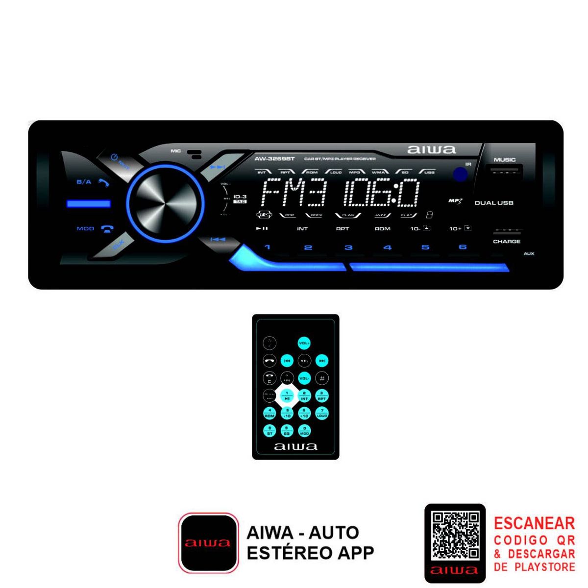 AIWA - Auto Radio Bluetooth usbx2 App Control Aiwa AW-3269BT