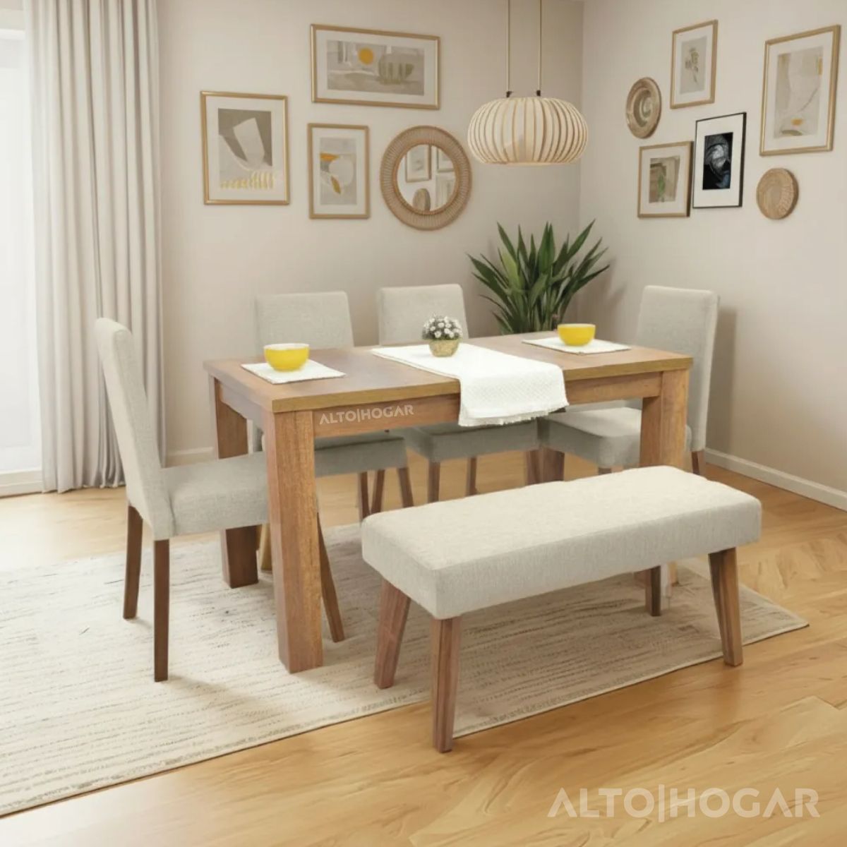 ALTO HOGAR - Juego De Comedor Tracy Beige 6 Asientos Madera Tornillo
