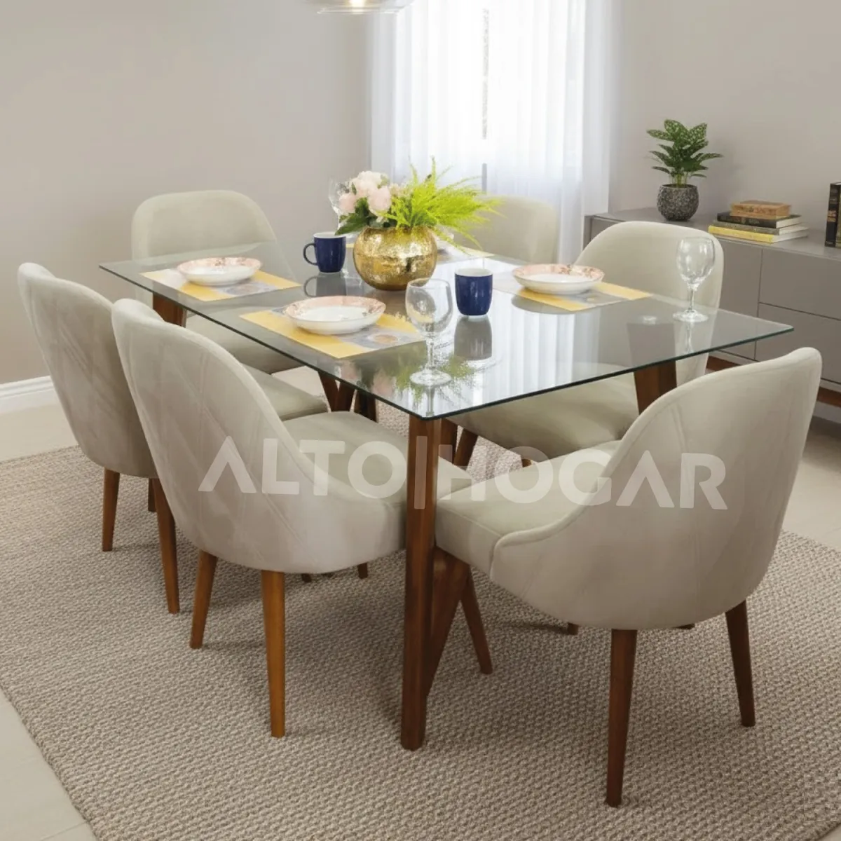 ALTO HOGAR - Juego De Comedor Almera 6 Sillas Beige Madera Tornillo