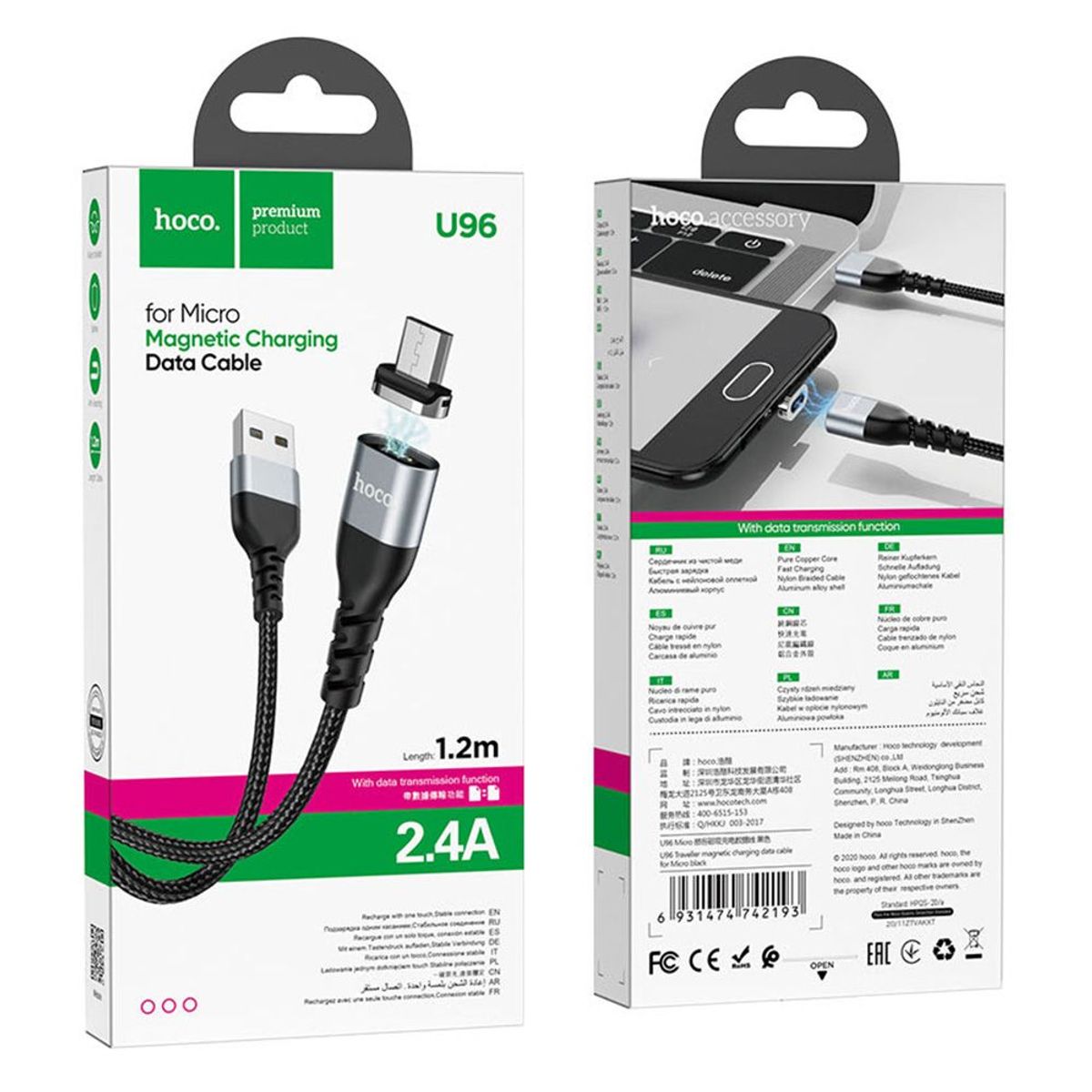 HOCO - Cable Magnetico USB a Micro USB Hoco U96 Negro De Alta Calidad