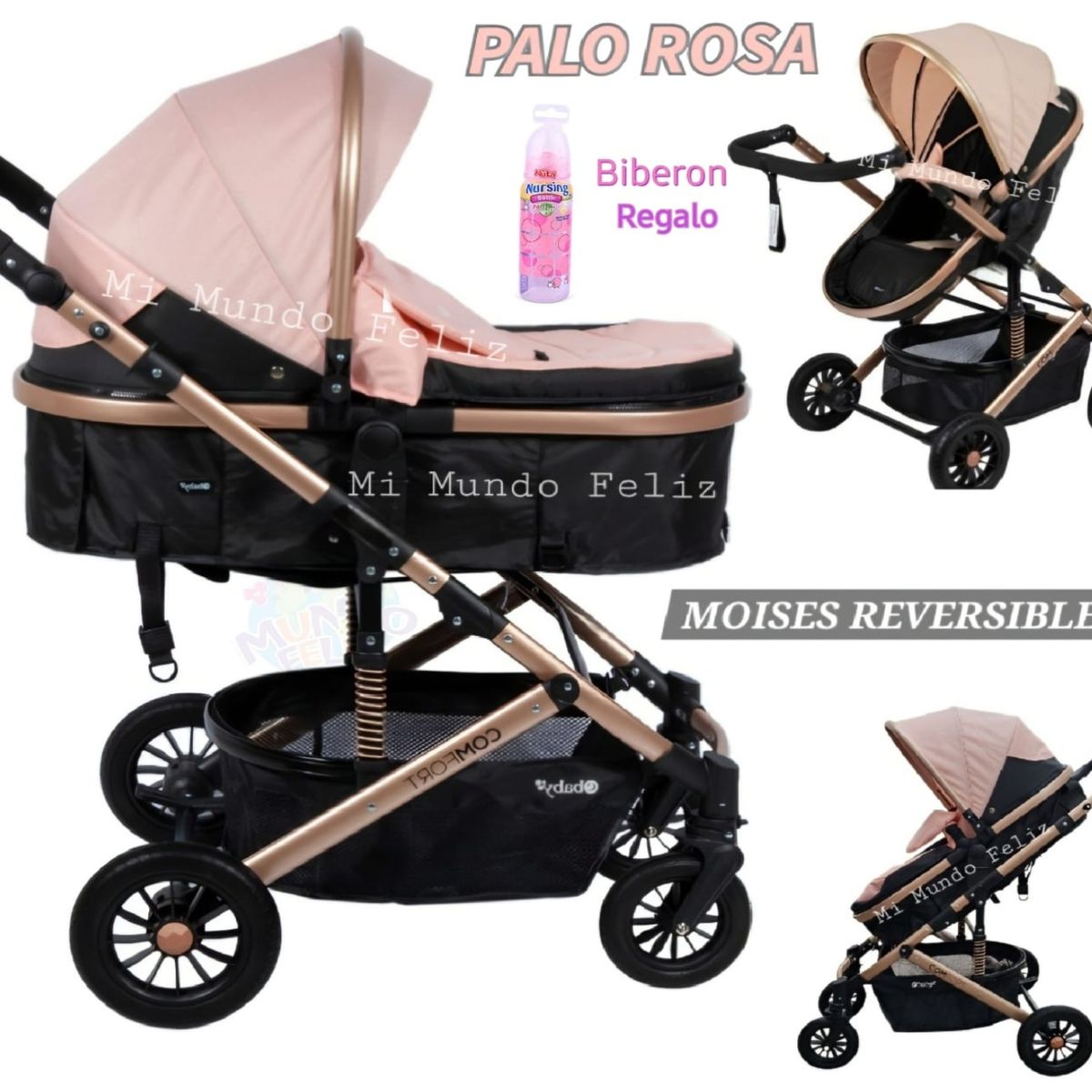 EBABY - Coche para Bebe Moises GRANDE Reversible Rosado
