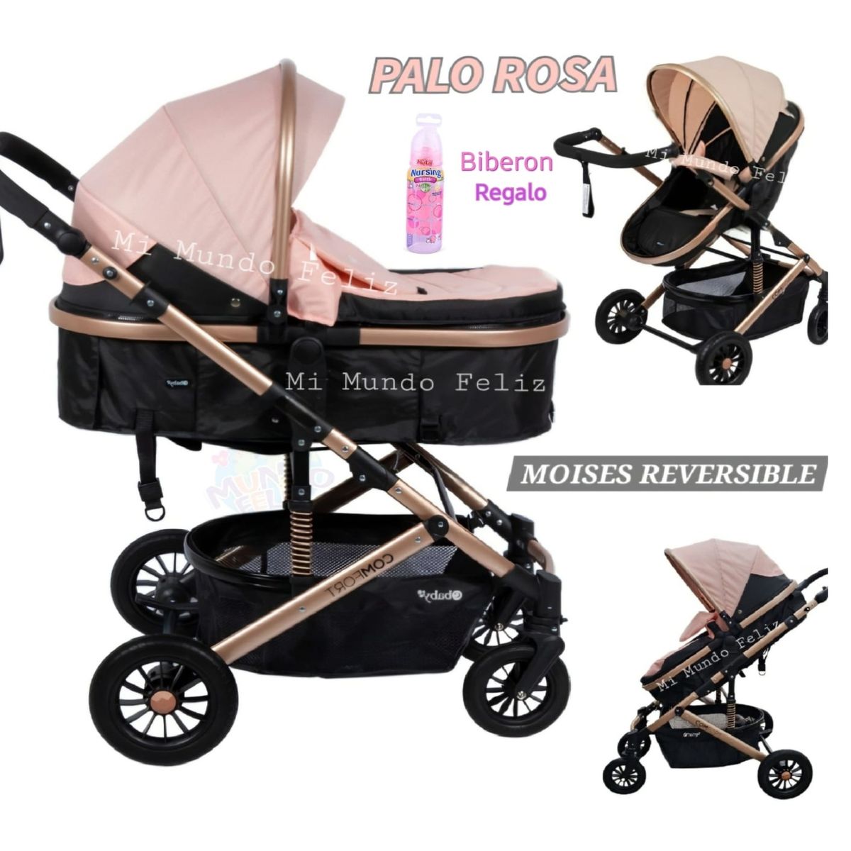 EBABY - Coche para Bebe Moises GRANDE Reversible Rosado