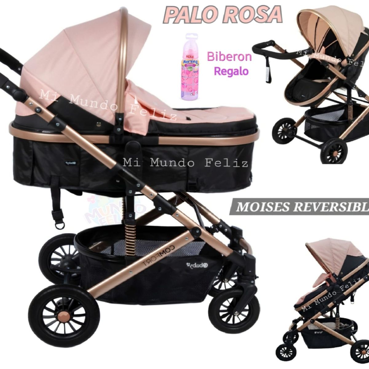 EBABY - Coche para Bebe Moises GRANDE Reversible Rosado