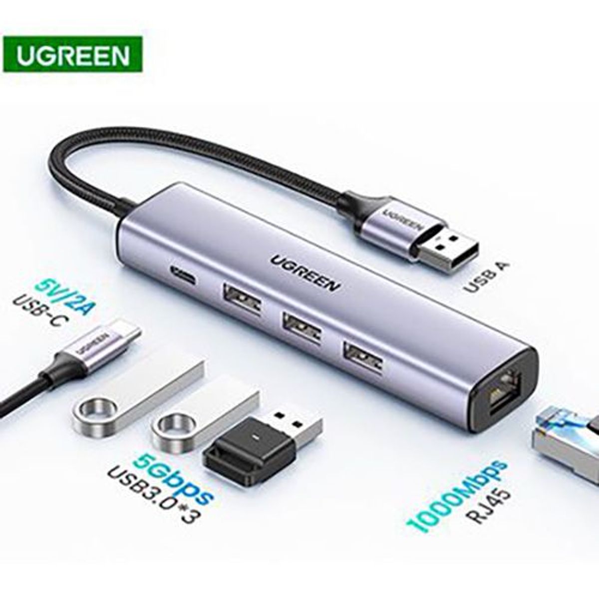 UGREEN - Hub Multipuerto 5 En 1 Ugreen Usb 3.0 A Ethernet Gigabit 3 USB