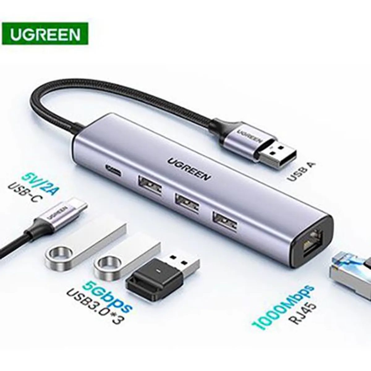 UGREEN - Hub Multipuerto 5 En 1 Ugreen Usb 3.0 A Ethernet Gigabit 3 USB