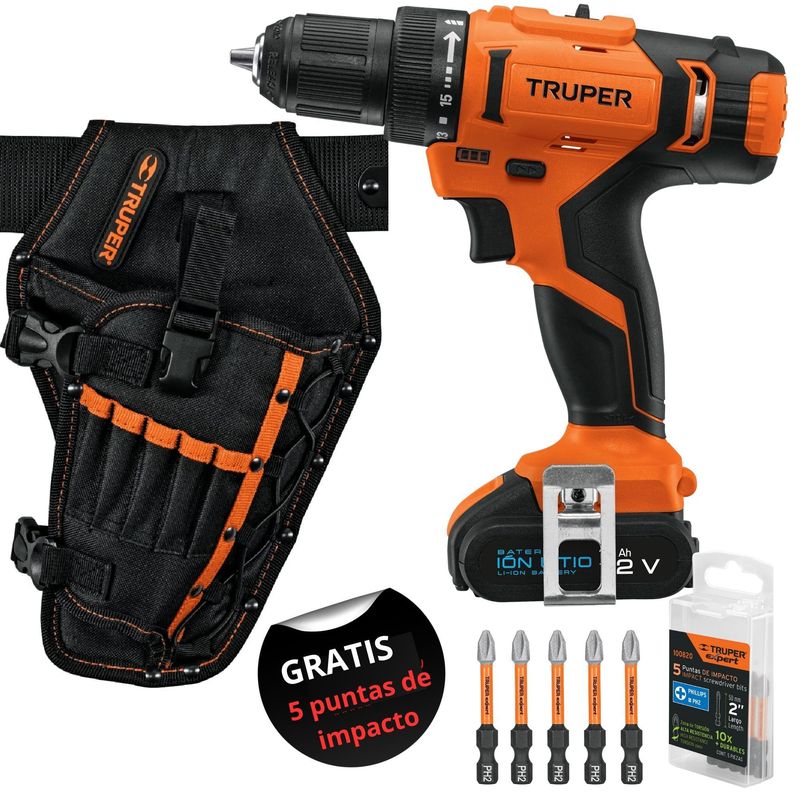 TRUPER - KIT Taladro inalambrico12v, estuche porta taladro, 5 puntas de impacto