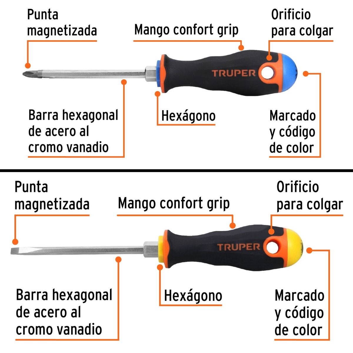 TRUPER - Dúo desarmadores  cruz, plana 1/4" x 4" mango Comfort Grip, Truper
