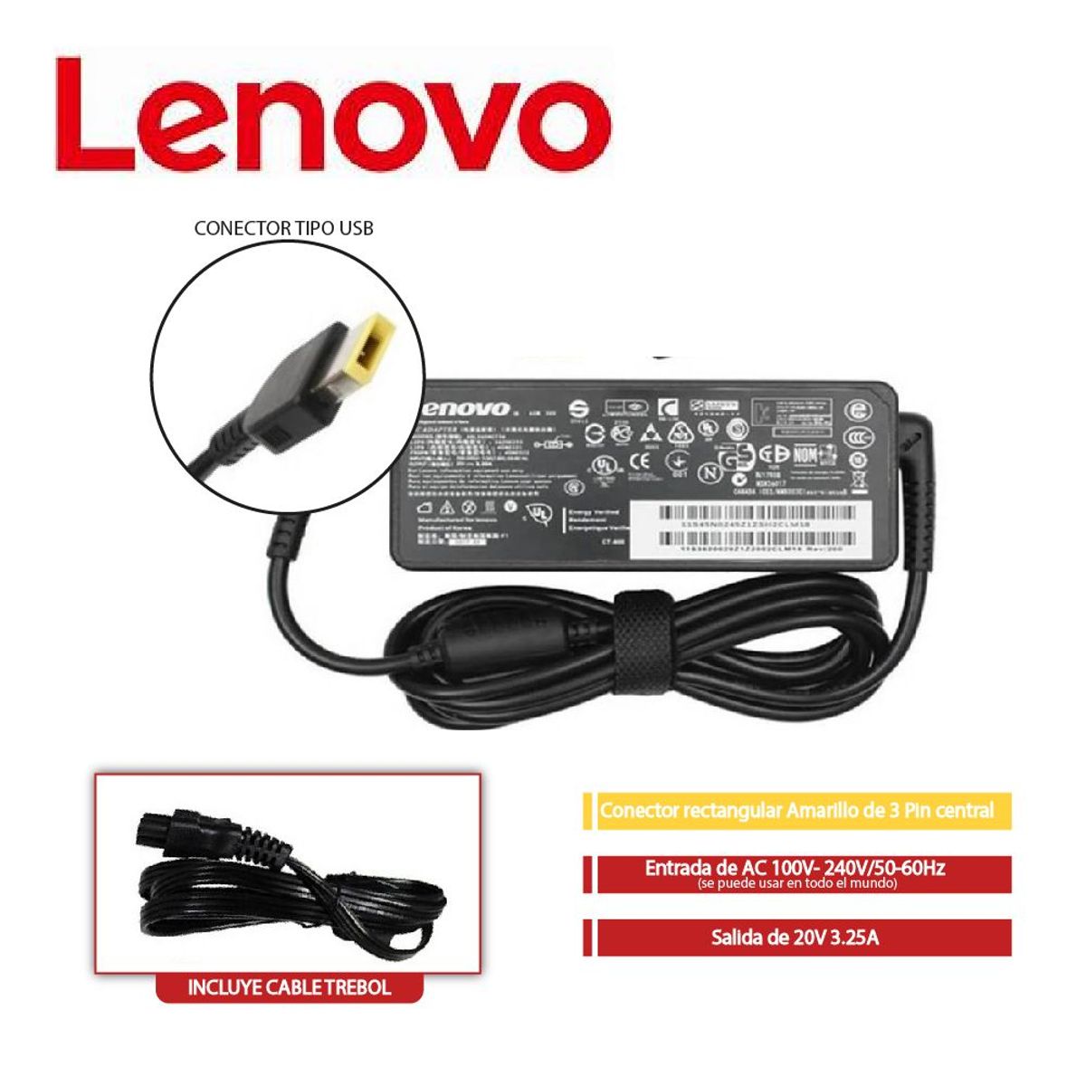 GENERICO - Cargador Genérico Para laptop Lenovo USB 20V 3-25A 65w