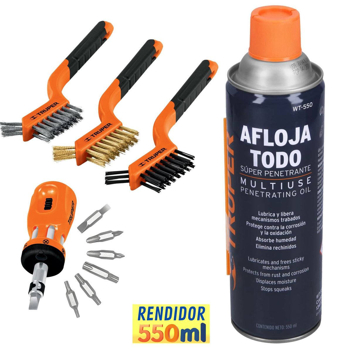 TRUPER - Combo Aceite Afloja Todo, 3 cepillos, desarmador multiuso 12 puntas