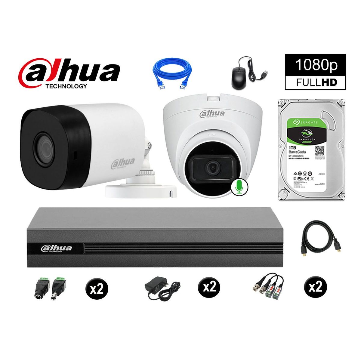 DAHUA - CÁMARAS SEGURIDAD KIT 2 FULL HD 1TB 1 CÁMARA CON AUDIO