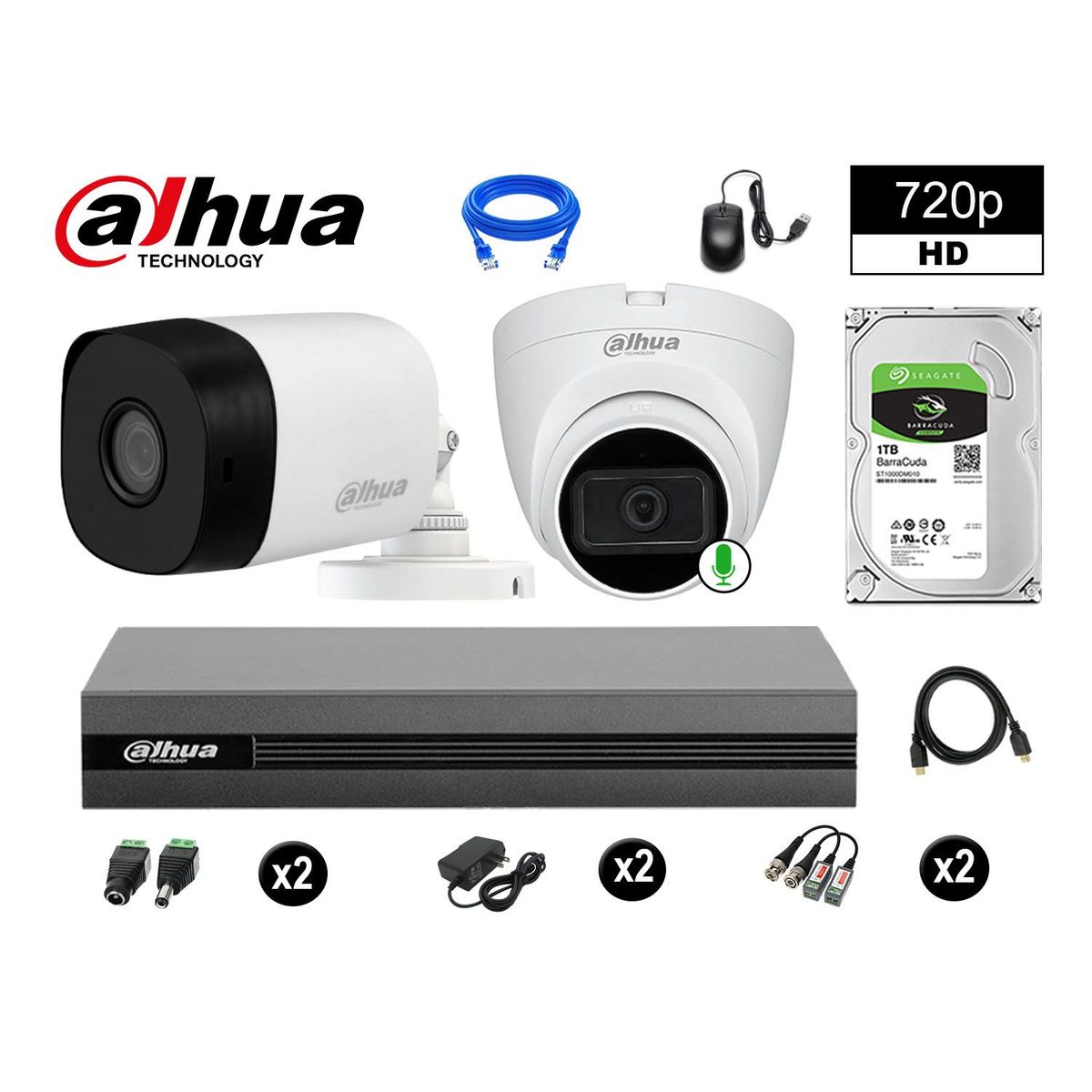 DAHUA - CÁMARAS SEGURIDAD KIT 2 HD 720P 1TB 1 CÁMARA CON AUDIO