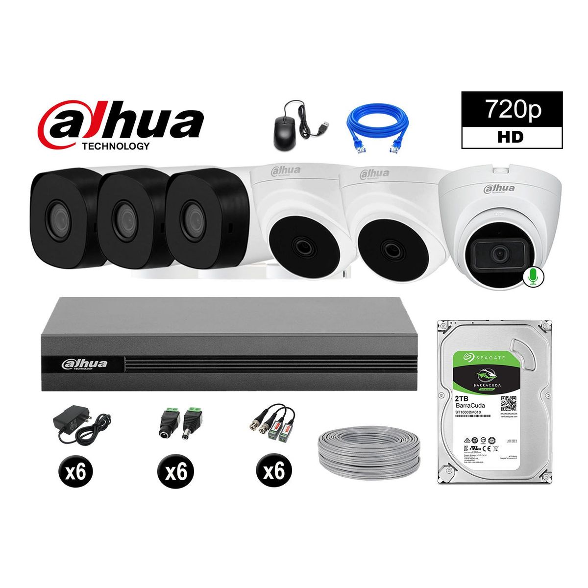 CÁMARAS SEGURIDAD KIT 6 HD 720P 2TB 1 CÁMARA CON AUDIO COMPLETO, marca DAHUA - Foto Principal