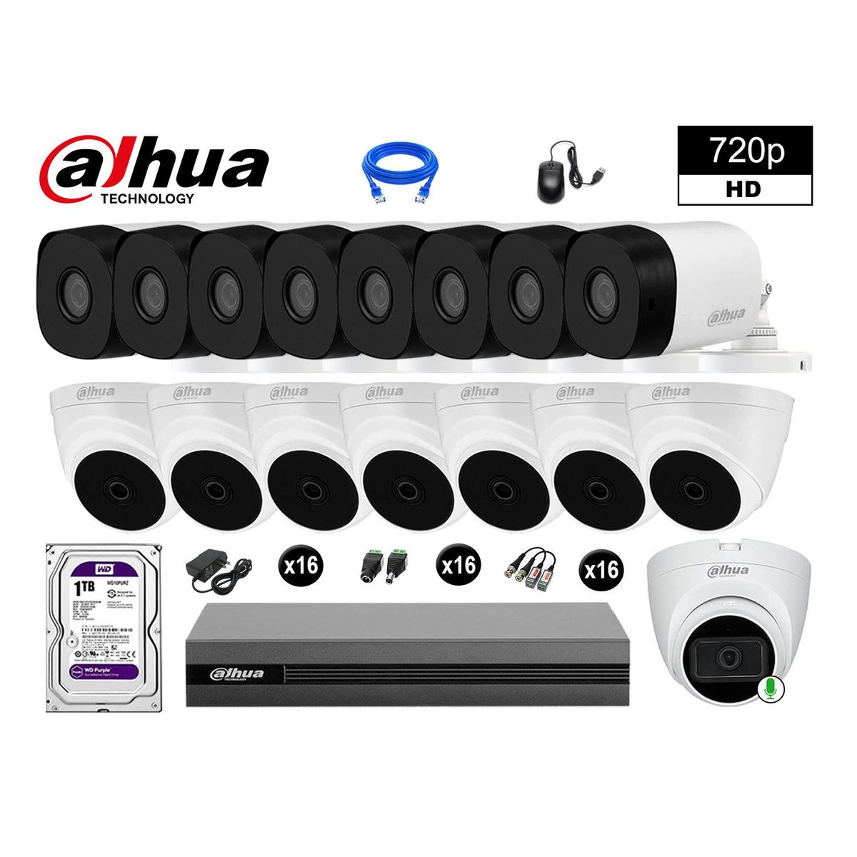DAHUA - CÁMARAS SEGURIDAD KIT 16 HD 720P 1TB 1 CÁMARA CON AUDIO