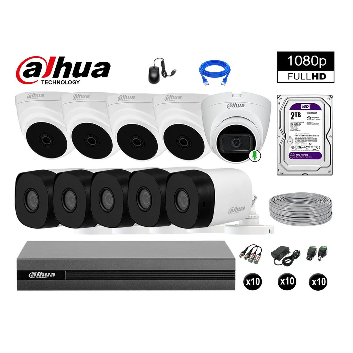 DAHUA - CÁMARAS SEGURIDAD KIT 10 FULL HD 2TB 1 CÁMARA CON AUDIO COMPLETO