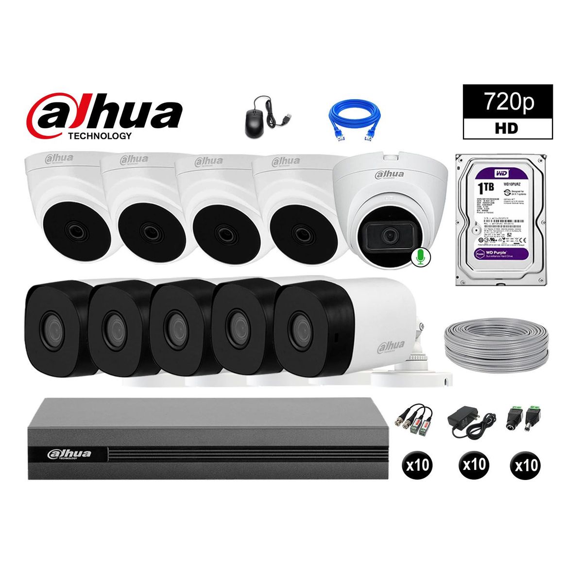 DAHUA - CÁMARAS SEGURIDAD KIT 10 HD 720P 1TB 1 CÁMARA CON AUDIO COMPLETO