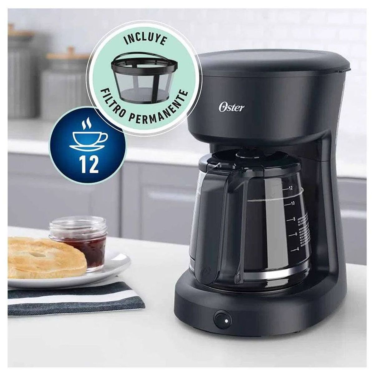 OSTER - Cafetera 12 Tazas Filtro Permanente BVSTDCS12B